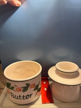 Ceramic Butter Crock Jar with Green Trim - Classic Floral Design